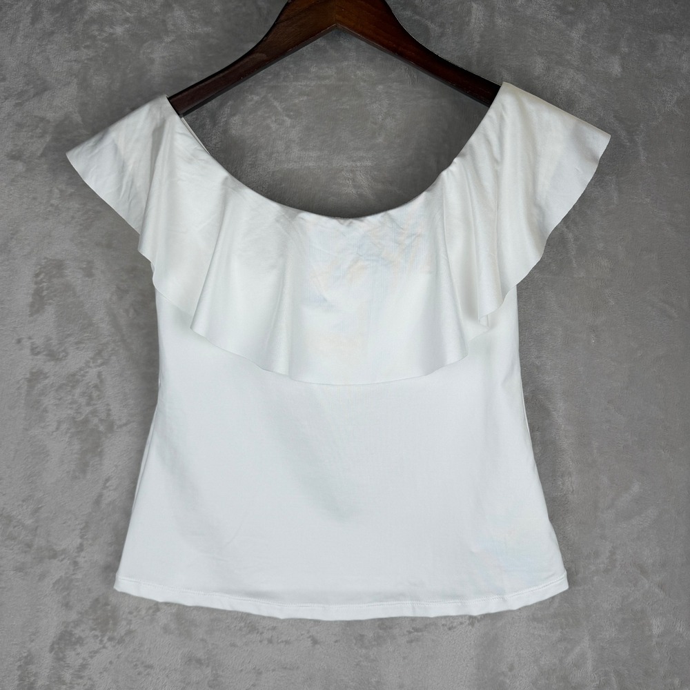 Trina Turk monaco White Ruffle Off the Shoulder Swim Spa Top tankini Size 4 NEW